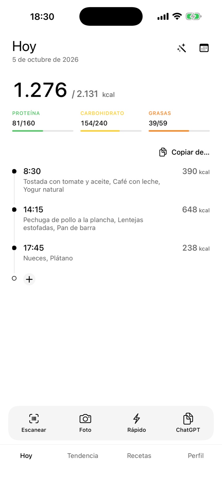 Pantalla Hoy de Mesa: 1.276 de 2.131 kcal, proteína, hidratos y grasa, y las comidas del día